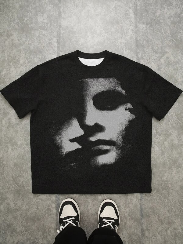 Teen Boy Casual Minimalist Short Sleeve Crew Neck T-Shirt, Suitable For Autumn/Winter, Cool Street Style Character Silhouette Hand-Drawn Portrait Graphic Print, Suitable For Streetwear, Suitable For Y2K
