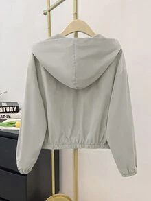 SHEIN 青少年女孩編織純色貼袋短版寬鬆休閒連帽外套 - 橄欖綠 - 查看 2