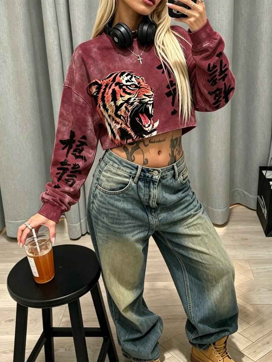 Rovax Women's Casual Tiger Print Cropped Sweatshirt, Autumn - Multicolor - View 1