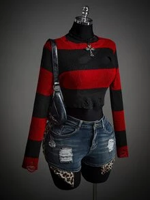 SHEIN ICON Fall Women's Autumn Halloween Red And Black Goth Devil Girl Fashion Colorblock Striped Distressed Sweater - Multicolor - View 1