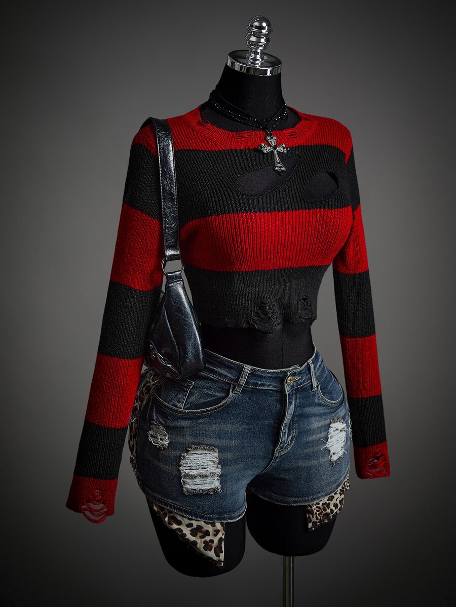 SHEIN ICON Fall Women's Autumn Halloween Red And Black Goth Devil Girl Fashion Colorblock Striped Distressed Sweater - Multicolor - View 1