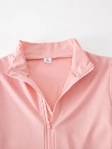 SHEIN 1件女童修身連身褲，立領設計，秋季服飾，前胸半拉鍊，長袖，休閒運動風 - 粉色 - 查看 7