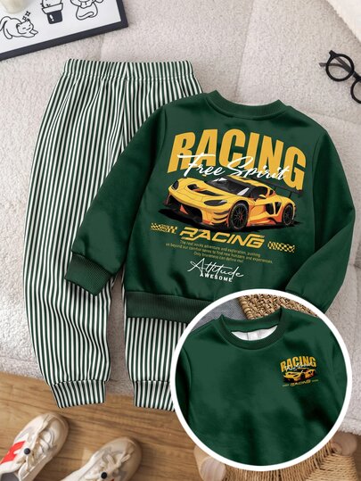 Baby Boy Loose Fit Sports Casual Comfortable Long Sleeve Sweatshirt And Pants 2 Pieces Set, Suitable For Autumn/Winter, Classic Cool Racing Car Graphic Print, Handsome Text Graphic Print
