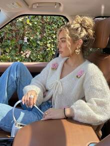 Livesso Women's Sweet Sequin 3D Flower Decor Knitted Cardigan Fall - White - View 6