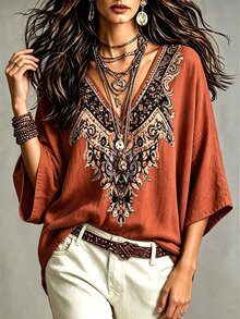 Glimmora 波西米亞風仿刺繡花卉印花女款上衣，寬鬆V領蝙蝠袖七分袖修身上衣，休閒度假旅行襯衫，適合鄉村與海灘 - 彩色 - 查看 3