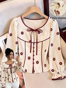 SHEIN Franclia French Vintage Daisy Print Solid Color Contrast Color Women's Long Sleeve Blouse, Autumn/Winter Commute Work Outfit - Burgundy - View 9