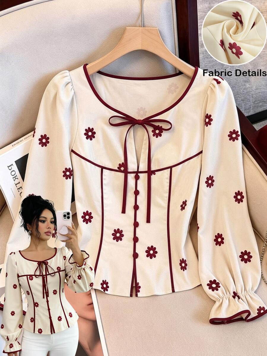 SHEIN Franclia French Vintage Daisy Print Solid Color Contrast Color Women's Long Sleeve Blouse, Autumn/Winter Commute Work Outfit