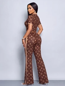 SOLERSUN Two Pieces Set Of Brown Printed Short-Sleeved Polo Shirt And Trousers With Contrasting Color Collar. Going Out Summer Streetwear Graphic - Coffee Brown - View 3