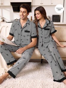 CoupledUp Men's Casual Home Loungewear Set, Black Striped Bow Print Contrast Trim Open Front Lapel Short Sleeve Top And Long Pants - Black and White - View 1