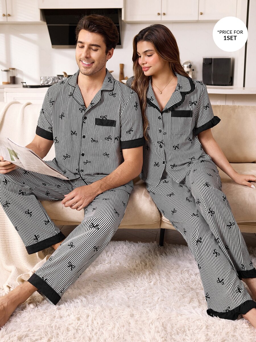 CoupledUp Men's Casual Home Loungewear Set, Black Striped Bow Print Contrast Trim Open Front Lapel Short Sleeve Top And Long Pants - Black and White - View 1