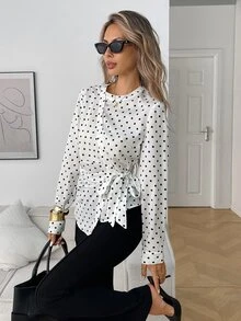 Elyressa Blus Kasual Wanita Motif Titik-titik untuk Musim Gugur - Putih - View 4