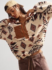Bohemela Sweatshirt Kasual Wanita Ukuran Besar dengan Motif Geometris, Lengan Panjang Raglan, dan Resleting untuk Musim Dingin. - MultiWarna - View 2