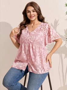 Comfylo Plus Size Vacation Casual Solid Color Cut-Out Shirt - Dusty Pink - View 5