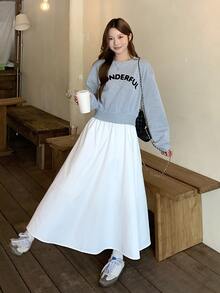 DAZY Gaun Midi Sweatshirt Lengan Panjang 2 in 1 Leher Bulat Wanita untuk Musim Gugur - Grey - View 5