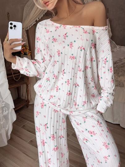 CottageSlumber Women's Romantic Floral Fleece Ribbed Asymmetrical Shoulder Long Sleeve Wide Leg Pants Pajama Set