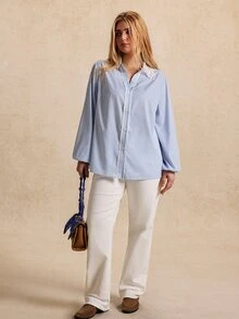 Écloséra Curve Plus Size Blue & White Striped Lace Trim Collared Shirt Fall - Blue and White - View 5