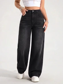 SHEIN ICON 女款大尺碼彈性腰復古淺紫色牛仔直筒長褲 - 黑色 - 查看 5