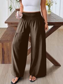 Weeklong Summer New Pleated Design Faux Linen Bamboo Knot Waistband Fashion Casual Vacation Loose Wide Leg Long Pants For Women - Khaki - View 6