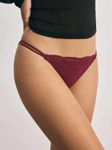 Ocili 3pcs/Pack Multi-Color 100% Pure Cotton Comfortable Minimalist Double-Sided Lace Thin Strap Elastic Women's Triangle Panties ChicAutumn - Red - View 5