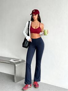 Dewbera Dewbera Women's Elastic Waist Daily Fitness Flare Leggings - Navy Blue - View 6