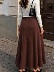 Lacomfia Autumn/Winter Elegant Casual Knit Ribbed Patchwork Waist-Cinched Loose Fit Versatile Plus Size Women's Skirt - Rust Brown - View 2