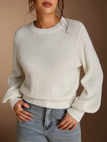 SHEIN BASICS 女款素色休閒百搭日常穿著長袖針織衫 - 白色 - 查看 6