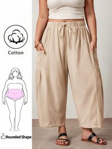 Enliva Plus Size Loose Fit Drawstring Casual Cropped Pants Fall - Apricot - View 1