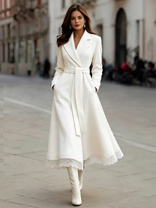 Balvessa Women's Solid Color Mottled Collar Long Sleeve Contrast Lace Hem Elegant Overcoat - White - View 1
