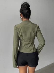 Aloruh 女款秋冬新款優雅春夏通勤日常簡約百搭旅行辦公純色軍綠色短袖收腰百褶長袖襯衫 - 軍綠色 - 查看 2