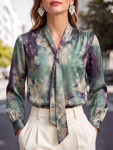 Editum Women's Vintage Floral Print Long Sleeve Shirt For Vacation - Green - View 1