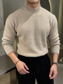 DAZY Spring/Autumn Khaki Marled Semi-High Round Neck Long Sleeve Cuffed Hem Men's Sweater - Khaki - View 7