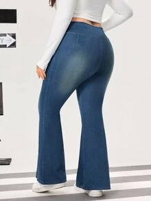 Jeanoix Plus Size Women's Asymmetrical Waist Casual Flare Jeans - Blue - View 2