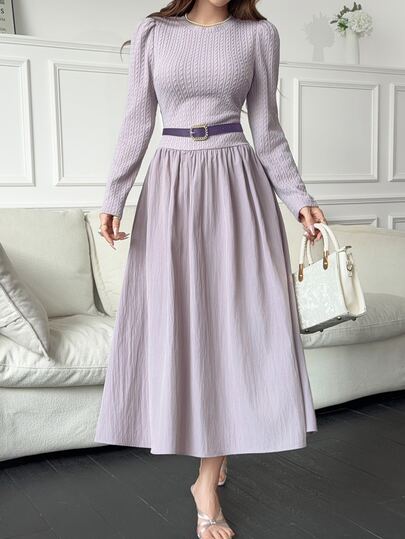 Feyla Women's Solid Color Round Neck Long Sleeve Elegant Midi Dress