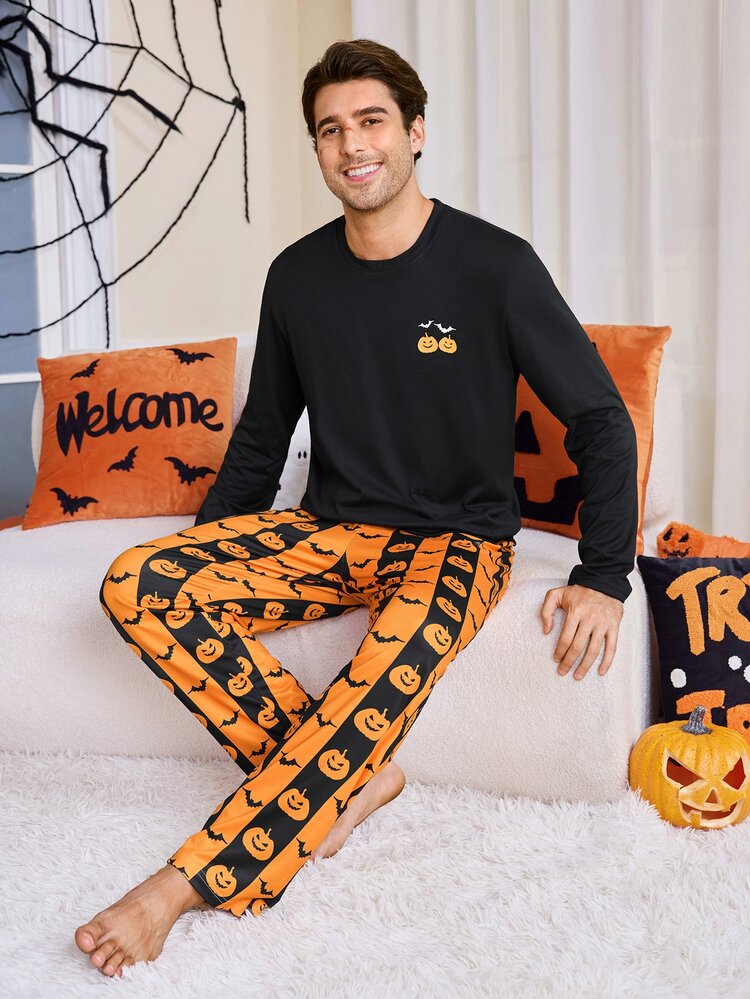CoupledUp Halloween Pumpkin & Bat Print Casual Crew Neck Long Sleeve Pants Men's Pajama Set - Black - View 4