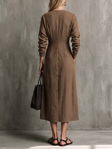 Glimmora Women's Early Autumn New French Elegant Commute Round Neck Button Design Slit Long Sleeve Waist-Cinching Slimming Long Dress - Brown - View 2