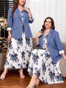 Reflora 大尺碼女款套裝 優雅休閒 秋冬淺藍色白色印花西裝外套與洋裝 浪漫辦公正式風 - 霧霾藍 - 查看 1
