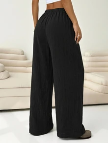Solflare Plus Size Solid Color Casual Knotted Wide Leg Pants, Linen Wide Leg Pants, Women's Autumn Business Casual Style Fall - Black - View 2