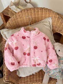 SHEIN LMoss Kids LMoss 女嬰可愛休閒愛心圖案毛絨立領夾克，適合秋冬穿著 - 粉色 - 查看 3