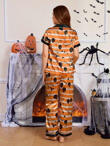CoupledUp Halloween Funny Ghost Face Print Faux Silk Short Sleeve Lapel Pajama Set - Yellow - View 3