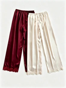 Snug Zone Lace Patchwork Faux Silk Elastic Waist Straight Leg Pants 2-Color Combination - Multicolor - View 2