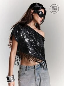 BAD SUNDAY Women's Mid-Sleeve Asymmetrical Shoulder Tassel Hem Crop Top, Y2K Sexy Millennium Style, Summer Halloween Party Club Going Out Black - Black - View 1