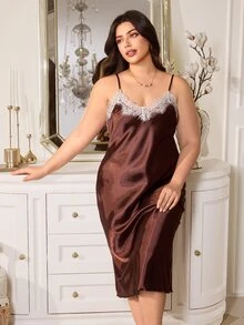 MuseNap CURVE Contrast Color Lace Patchwork Elegant Plus Size Women's Nightgown - Brown - View 5