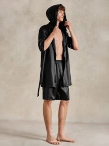 EverLounge Men's Solid Color Short Sleeve Hooded Robe - Black - View 7