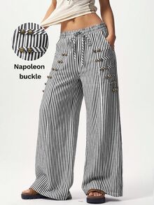 Bohemela Celana Panjang Wanita Motif Garis dengan Dekorasi Kancing - Hitam dan Putih - View 1