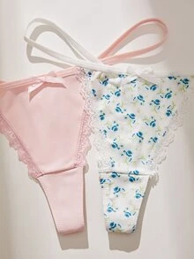 SHEIN 3件組女款前綴蝴蝶結蕾絲拼接花卉圖案丁字褲 - 彩色 - 查看 4