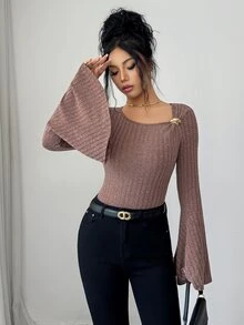 Elenzga Bodysuit Wanita Lengan Panjang Bentuk Lonceng dengan Hiasan Gesper Logam Warna Polos - Coklat - View 4