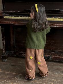 DAZY Baby Girl Ruffle Hem Floral Embroidered Casual Long Pants - Coffee Brown - View 5