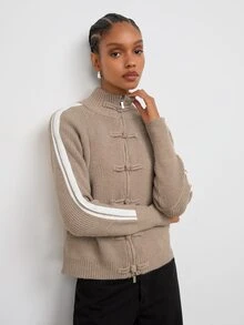Maija Beige New Chinese Style Frog Button Striped Sporty Knit Cardigan Urban Autumn - Khaki - View 3
