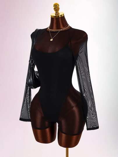 Amplova Sexy Tight Satin Bodycon Long Sleeve Mini Jumpsuit With Built-In Panties For Women