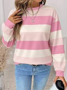 SHEIN LUNE 女款圓領寬鬆粉色條紋運動衫，休閒極簡風，秋季服飾，秋季穿搭，女款通勤穿搭，基礎上衣，外出穿搭，機場穿搭 - 白色 - 查看 3